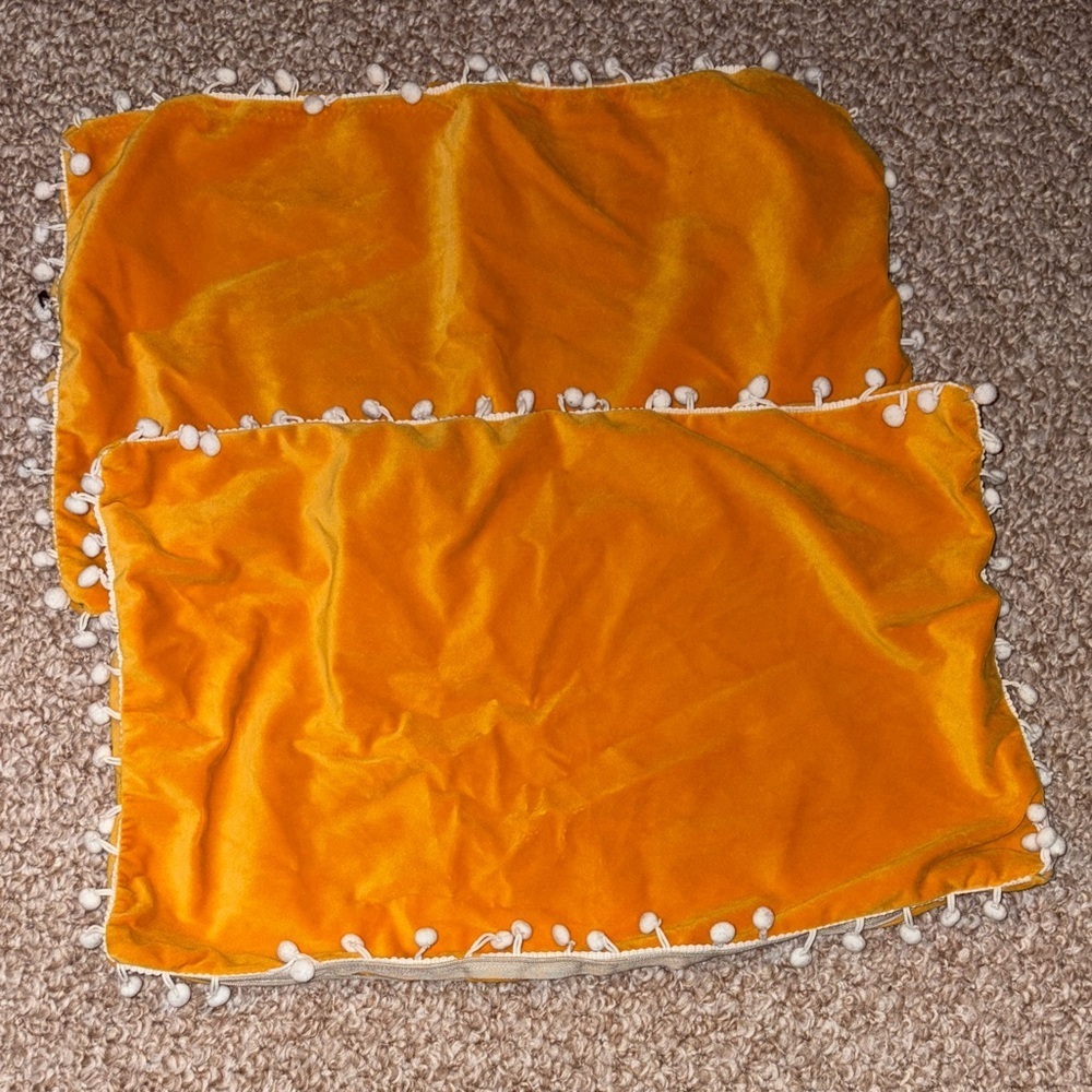 Mustard Yellow Velvet Pillow Covers with Pom Poms 12”x20”​​